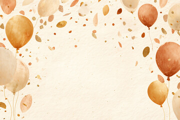 Watercolor birthday gift certificate background, warm beige, champagne and soft gold tones, watercolor confetti and balloons
