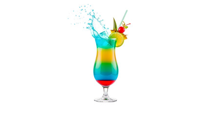 Vibrant Layered Cocktail With Splash And Fruit Garnish In A Hurricane Glass On A Transparent Background Dynamic Refreshing Beverage With Bright Colors Ideal For Summer Advertising