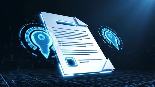 Futuristic 3D document icon illuminated with neon blue light, surrounded by digital HUD elements in a dark virtual interface.
