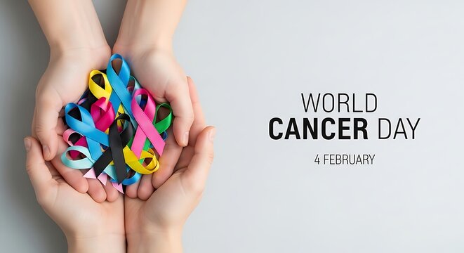 Hands gently holding colorful ribbons symbolizing hope and support for world cancer day