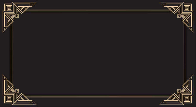 An elegant and luxurious rectangular Art Deco style frame with intricate gold geometric corners on a sophisticated dark gray background. - Powered by Adobe