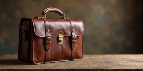 A Classic Brown Leather Briefcase Rests on a Rustic Wooden Surface Against a Muted Background