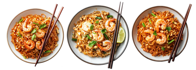 Stir-fried shrimp Pad Thai with crushed peanuts and rice noodles, isolated on white background, concept of Thai cuisine