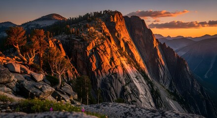 Majestic mountain peaks bathed in golden sunlight at sunset, offering a breathtaking panoramic landscape view with dramatic natural beauty and rugged terrain