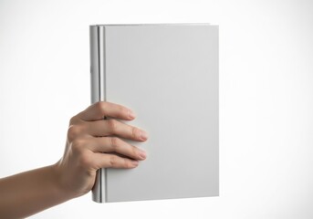Hand holding a blank gray book mockup for creative design and publishing projects