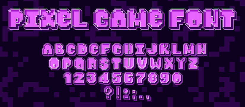 Retro game pixel typography with classic 8 bit computer font styling. Arcade video text elements with geometric letters and vintage gaming aesthetics. Cyberpunk interface design in neon colors.
