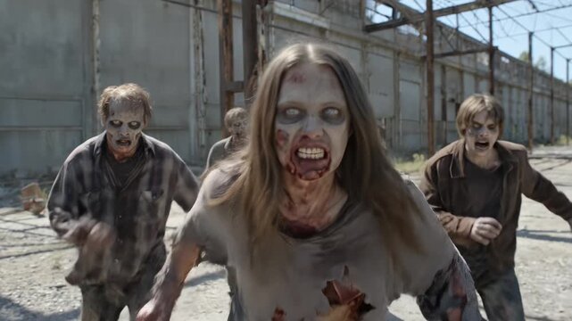 A group of zombies with decaying faces and white eyes rushes forward inside an abandoned industrial site. The lead zombie snarls with blood-stained teeth.