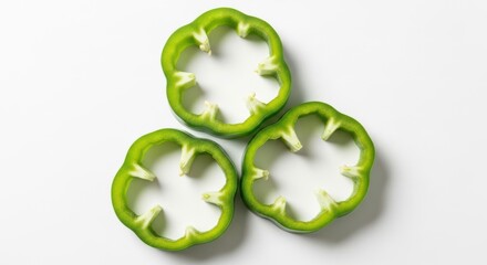 Three freshly sliced green bell pepper rings top view isolated on white