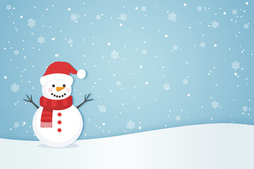 Fototapeta premium Snowman with beautiful falling snowflakes against a backdrop of winter snowdrifts. Christmas vector illustration featuring a cute snowman in a hat and scarf against a backdrop of falling snow.