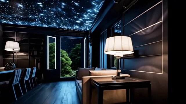 A cinematic video showcasing a luxurious futuristic living room with a mesmerizing starry sky ceiling that glows softly