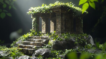Ancient ruins covered in lush green plants surrounded by soft light in a mystical forest setting