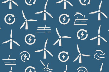 Seamless pattern of renewable energy icons on blue background