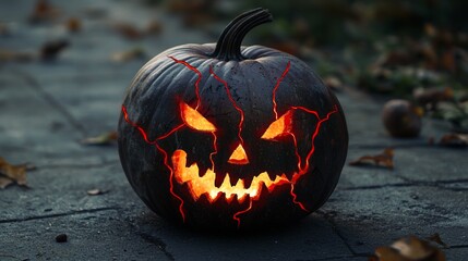Carved pumpkin with glowing face on a dark autumn night in a quiet outdoor setting
