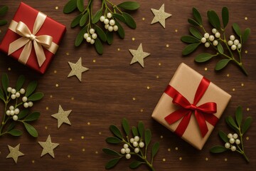 Christmas gifts with mistletoe and golden stars on a wooden background