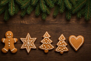 Festive christmas gingerbread cookies arranged on a rustic wooden table with fir branches