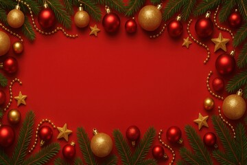 Festive christmas border with red and gold ornaments and pine needles