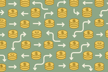 Seamless pattern of dollar coins and arrows on green background