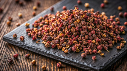 Fototapeta premium Dried Sichuan peppercorns scattered on dark slate offer a flavorful and aromatic spice experience. Aromatic dried Sichuan peppercorns add complexity to Asian cuisine and beyond, perfect for seasoning.