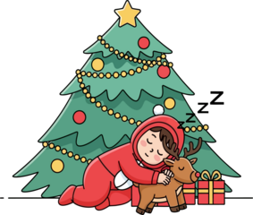 Child in Red Pajamas Sleeping and Cuddling Reindeer Toy by Decorated Christmas Tree with Presents
