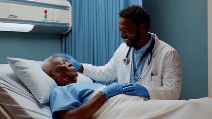Caring doctor comforts elderly patient in hospital bed, fostering connection - Powered by Adobe