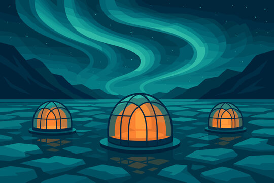 Glass igloos glowing on frozen lake under northern lights
