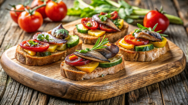 Simple tapas with grilled vegetables on rustic wood board, delightful arrangement of colorful appetizers. Simple tapas offer delicious bites of charred vegetables and savory flavors. - Powered by Adobe