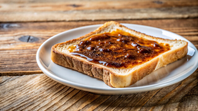 Slice of toast with thin layer of vegemite served on white plate, ready to eat. Fresh slice of toast is complemented by delicious layer of vegemite that provides a savory flavor.