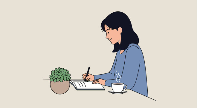 Creative woman writing in journal with coffee and plant for relaxed focus, perfect for lifestyle blogs and mindful work spaces, serene scene