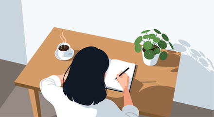 Girl writing in a notebook with coffee and a plant on a desk, perfect for blog posts, creative content or study aid advertisements