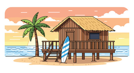 Dreamy tropical beach hut with surfboard and palm tree at sunset, perfect getaway vacation vibes and coastal living design inspiration