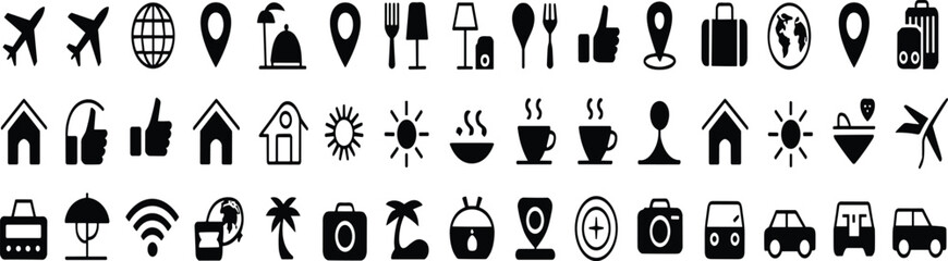 Travel and leisure icon set, airplane, suitcase, hotel, food, camera, location pin, tourism graphic, vacation design elements