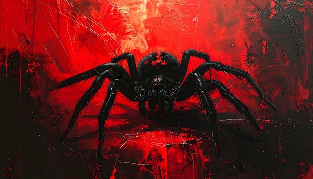 Dramatic, textured artwork of a black spider against a vibrant red and dark background