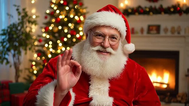Santa Claus Winking and Giving an OK Sign in a Cozy Room