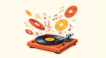 Retro vinyl record player with musical notes evokes nostalgia, perfect for music blogs, websites, and vintage themed projects, ideal for social media