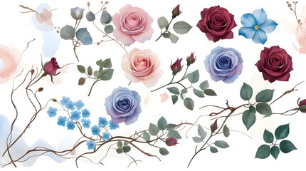 Delicate blue forget-me-nots, soft pink roses with subtle peach undertones, and rich burgundy roses with velvety petals, intertwined with twisted brown twigs and lush green leaves, 