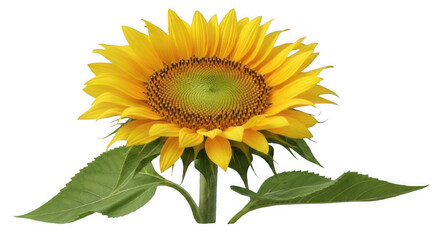 Obraz premium Bright yellow sunflower with green leaves isolated on white background