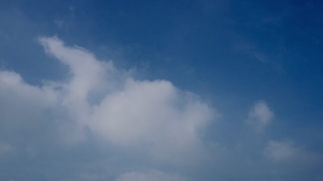 Blue sky with scattered bright clouds moving naturally across the frame  recorded at normal speed showcasing atmospheric depth cloud motion natural lighting shifts and real time movement perfect for n