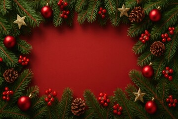 Christmas wreath border with red background and festive ornaments