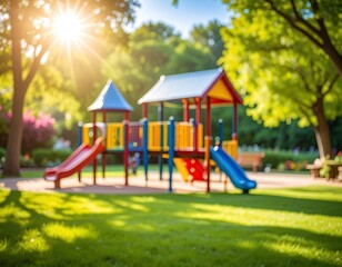 Sunny blurred playground with green lawn and mature trees