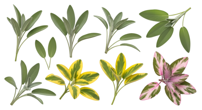 Fresh Sage Herb Varieties on White Background