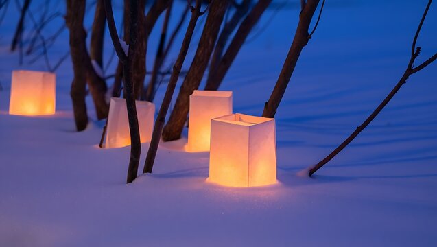 Warm glowing paper lanterns illuminate a snowy winter landscape at dusk with bare tree branches silhouetted against the twilight sky