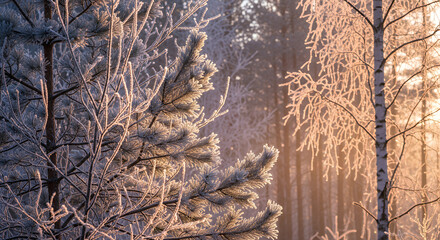 Frost-covered trees, close-up, glowing in the morning light in winter.