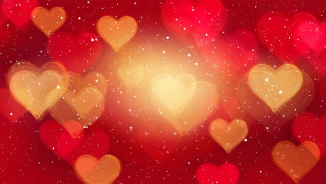 Soft focus golden hearts and red bokeh lights create a romantic and dreamy valentine s day background