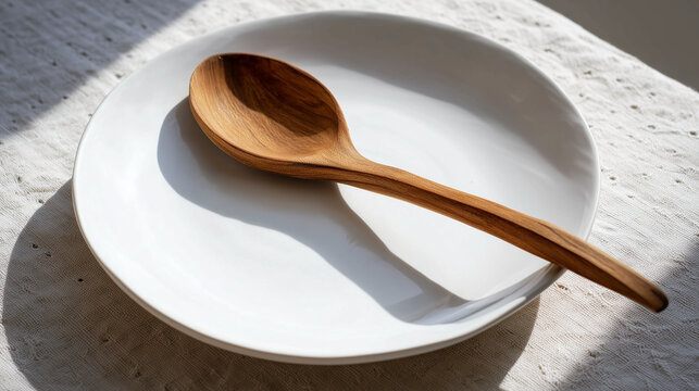 A wooden spoon is on a white plate