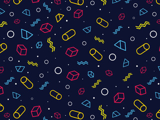 1980s retro seamless pattern with design. Dark blue 80's graphic design. Illustration for apparel, textile, backgrounds, and web projects.
