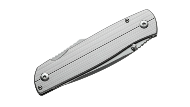 Angled, close-up shot of a closed metallic folding knife, with a black background