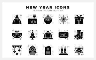 Happy New Year Icon Set Vector Art Illustration for Festive Celebration, Party Elements, Fireworks, Gifts, and Seasonal Holiday Designs