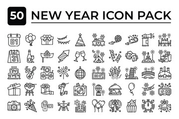 Happy New Year Icon Set Vector Art Illustration for Festive Celebration, Party Elements, Fireworks, Gifts, and Seasonal Holiday Designs