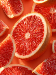 Many juicy slices of grapefruit lie on the surface