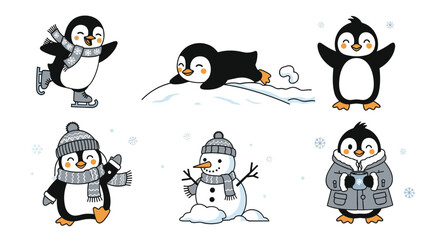 Fototapeta premium Charming penguin characters enjoying winter activities together in a snowy wonderland, perfect for seasonal greeting cards and holiday designs